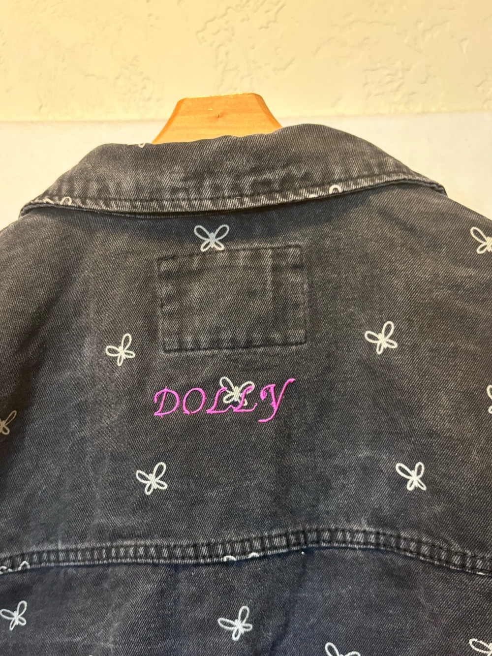Stoosh Vintage Denim Butterfly Dolly Embroidered Cropped Jacket Measuring Med